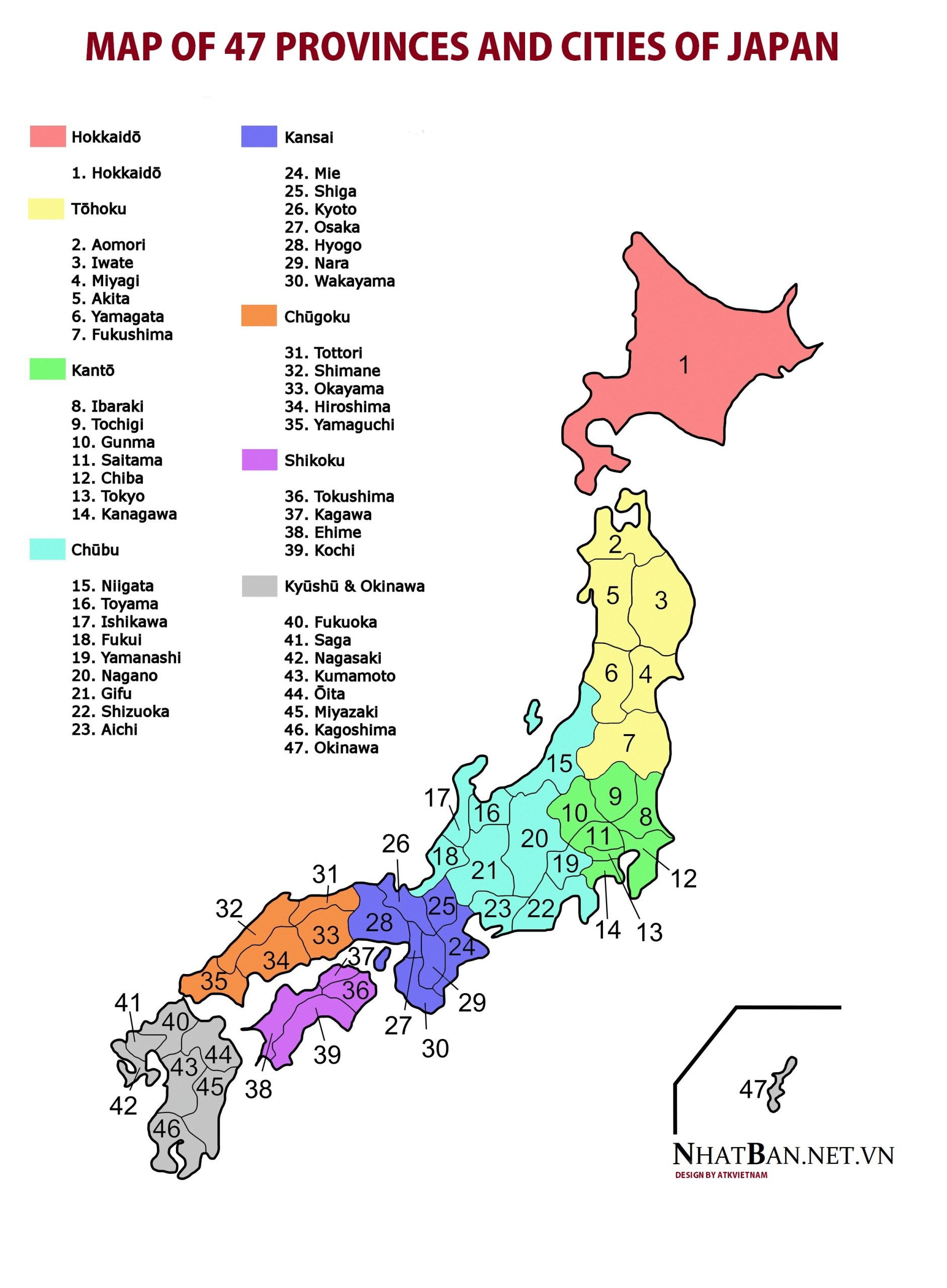 Bản đồ Nhật Bản 47 tỉnh và thành phố đánh số dễ tra (khổ dọc)