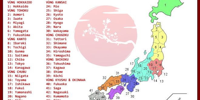 Bản đồ Nhật Bản 47 tỉnh và thành phố đánh số dễ tra khổ ngang