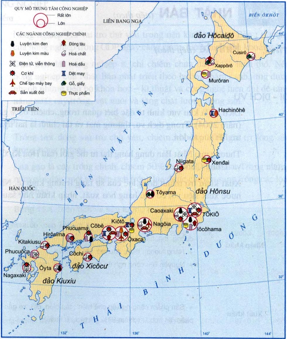 Bản đồ phân bố các trung tâm công nghiệp chính ở Nhật
